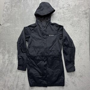 Columbia Jacket Womens Small Black Hooded Nylon Mid Length Rain Coat Lightweight